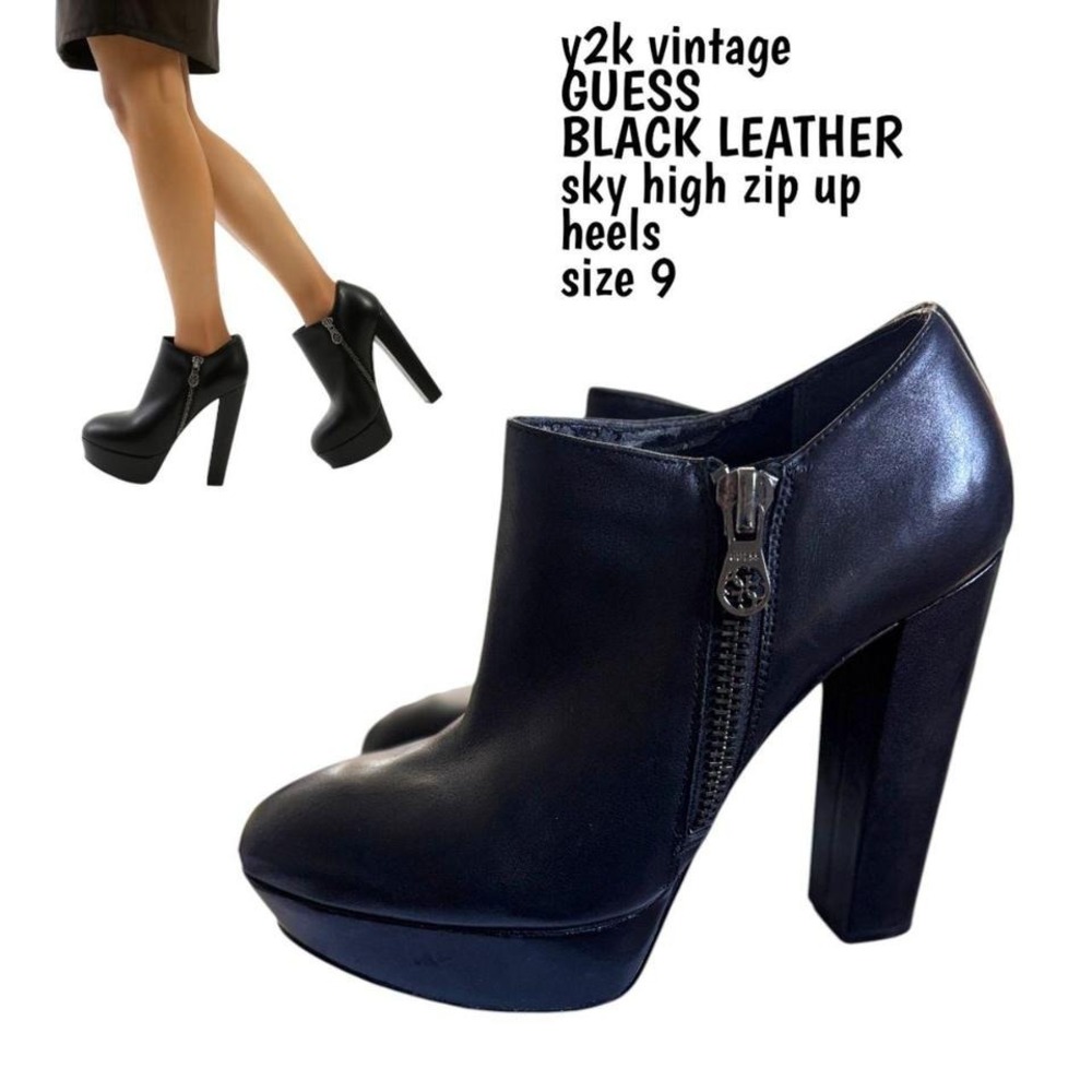 y2k vintage‎ GUESS black leather SKY HIGH zip up heels size 9